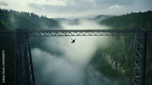 Bungee jumping sportsman jumps from a metal railway bridge over a foggy gorge.