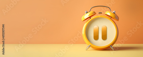 Yellow-orange alarm clock with pause button symbol in the middle, minimalistic