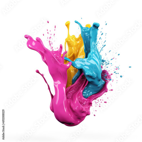 CMYK Splash, 3D Rendering of Color Explosion in Cyan, Magenta, Yellow, and Black on White.