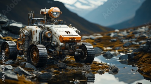 A tire-clad robot navigates a treacherous mountain terrain, its auto parts grinding against the rocky ground as it conquers the rugged outdoors with its trusty wheels