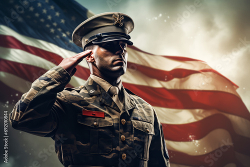 US soldier in the battle field saluting in front of the United States of America flag background. Memorial day and independence day concept