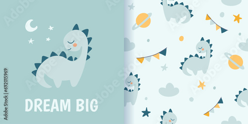 Cute cartoon Bohemian nursery pattern. Boho vector print for fabric, banner, clothes, wall decor in children's bedroom. Seamless pattern with planets, dinosaur, dino and clouds