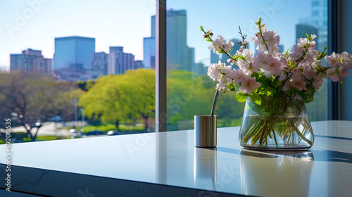 A modern countertop with a view of the city park in the spring