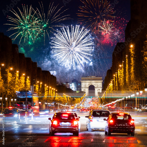 New Year's fireworks display over the Champs Elysees in Paris. France