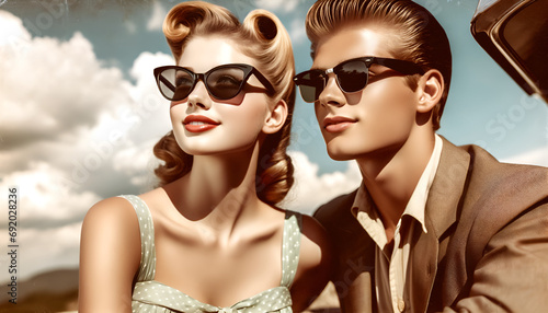  A movie star couple wearing sunglasses in 1950s style, enjoying a summer day against a sunny blue sky, capturing the essence of vintage glamour