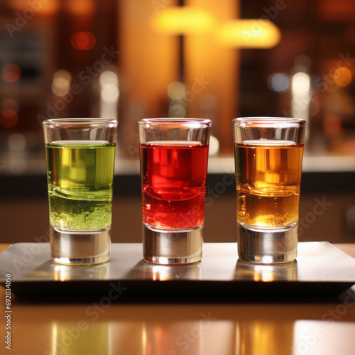 Alcoholic drinks in shot glasses on a wooden table in a bar