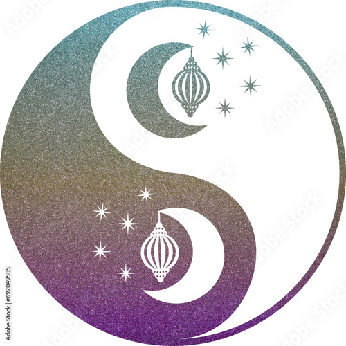 yin yang mit Mond in türkis-gelb-violett Glitzer Textur mit transparentem Hintergrund
