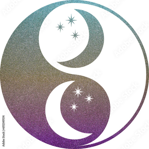 yin yang mit Mond in türkis-gelb-violett Glitzer Textur mit transparentem Hintergrund