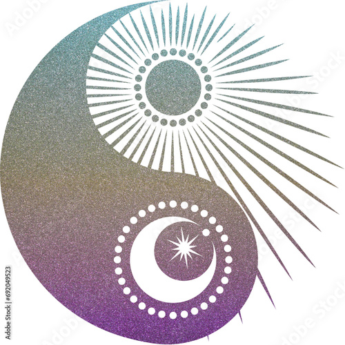 yin yang mit Sonne und Mond in türkis-gelb-violett Glitzer Textur mit transparentem Hintergrund
