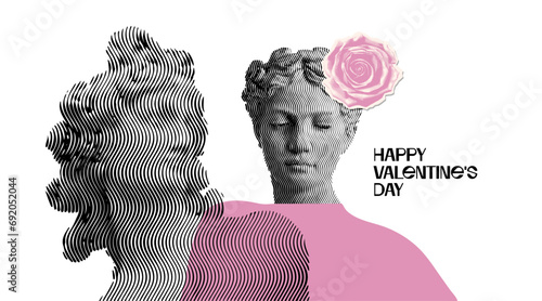 Trendy contemporary design for art exhibition poster. Vector horizontal banner for Valentine's day with creative collage with Greek male and female sculptures in wavy halftone collage style. Minimal