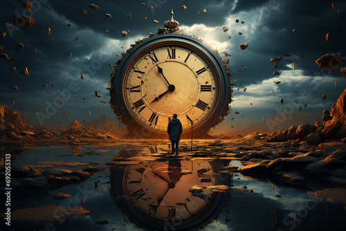 Infinity and other time-related concepts. A man stands in front a clock.