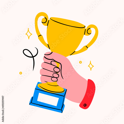 Hand holding golden prize. Winning cup, first place trophy cup. Hand drawn trendy Vector illustration. Isolated design element. Victory, competition concept. Icon, logo, print template