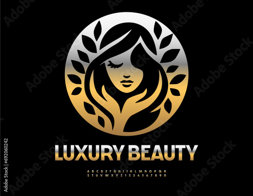 Vector chic Emblem Luxury Beauty with decorative Girl. Stylish Gold Font. Set of premium Alphabet Letters and Numbers