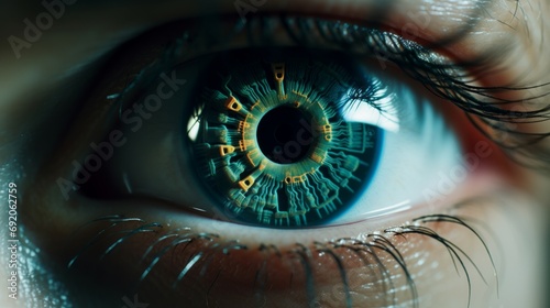 Macro view of an eye with contact lenses showcasing vision technology