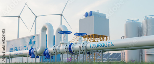 hydrogen pipeline of energy sector towards to ecology,carbon credit,Clean Energy,secure,carbon neutral,transformation,solar,power plant and energy sources balance to replace natural gas.3d rendering. 