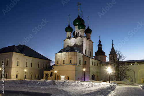 View of the courtyard of the Rostov Kremlin on a winter evening with the Gate Church of St. John the Theologian in the center. Rostov Veliky, Russia