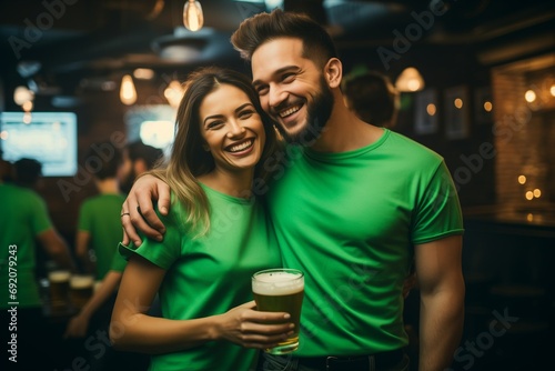 a young couple celebrating St Patrick's Day in Beer Pub