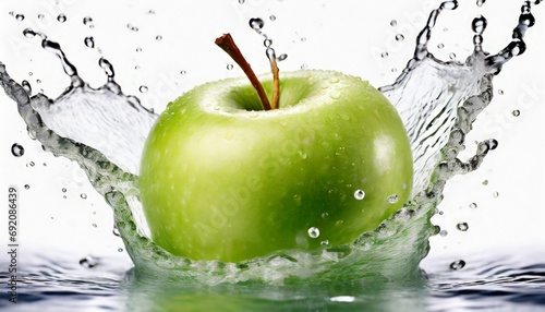 Green Apple amid splashing water. half isolated on white