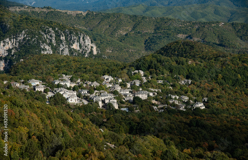 Scenery of Monodendri village in Central Zagori, Epirus region, in the Ioannina regional unit in Greece.