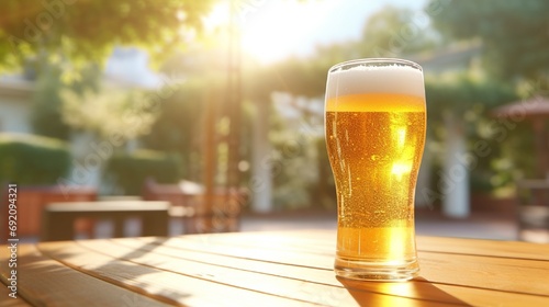 A chilled pilsner glass of light beer, with a vibrant golden hue and a perfect foam head, on a sunny outdoor table.