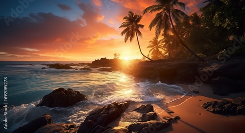 beautiful tropical beach with palm trees and clean blue water at sunset, idyllic vacation destination, exotic paradise coast