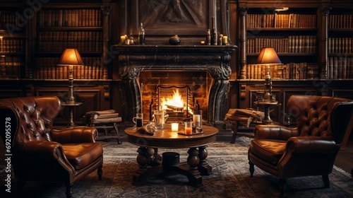 A luxurious whisky lounge setting, with leather chairs, a fireplace, and whisky glasses on a polished wooden table. Ambient, cozy lighting.