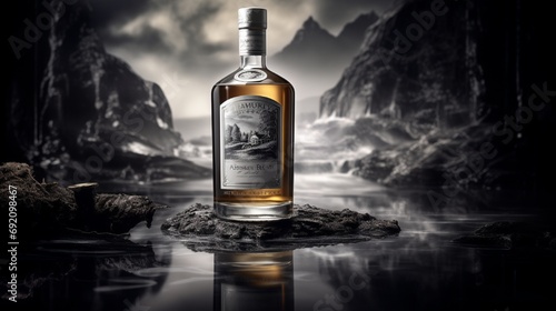 A whisky bottle with a label that features a classic, black-and-white photograph, set against a backdrop that complements the era and style of the image.
