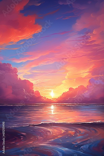 sunset with idyllic purple and pink dramatic clouds over ocean or sea water, gorgeous sunrise over oceania
