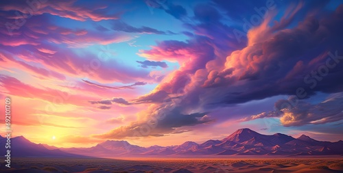 beautiful dramatic sunset over desert, cloudy sky and rocky mountains