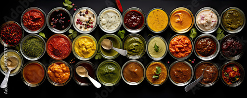chutney set or collection in bowls on black background, top view,