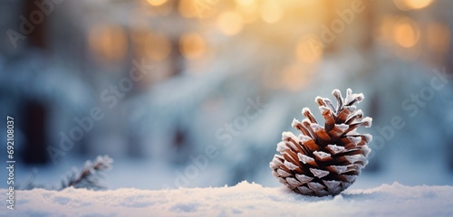 A frosty pine cone with a wintery bokeh background.