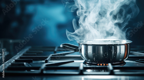 Close-up of boiling water in a metal pot on a gas stove. Gas crisis, increase in gas prices during the heating season. Boiling water for cooking soup.