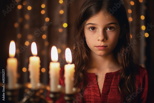 niña hebrea junto a candelabro menorah con velas encendidas, sobre fondo desenfocado decorado con luces