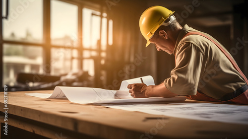 Construction worker wearing a working suit with helmet, holding a pen and looking at the papers with architectural site blueprint placed on the table. Home builder concept, foreman checking the plan