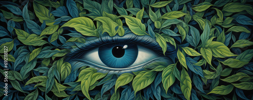 un œil ouvert sur un fond de feuilles vertes - illustration format panoramique