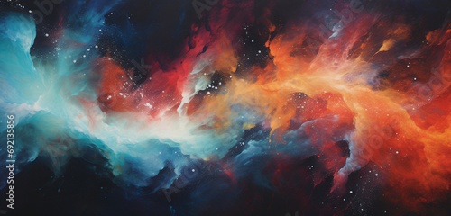 Craft a visually striking abstract composition reminiscent of interstellar nebulae, where vibrant colors blend seamlessly into one another.