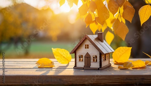 miniature wooden house with yellow leaves on a sunny autumn day real estate and affordable housing concept mortgage loan and insurance of apartments selling and buying home sunset