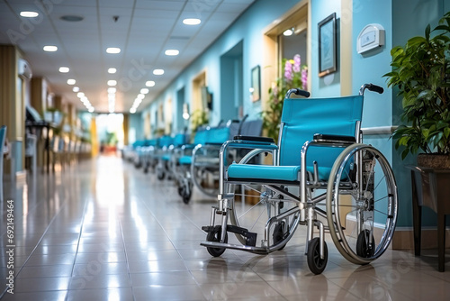 Wheelchair in the hallway, comfort and patient care