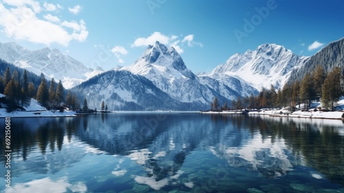A crystal-clear mountain lake reflecting the snow-capped peaks in the distance