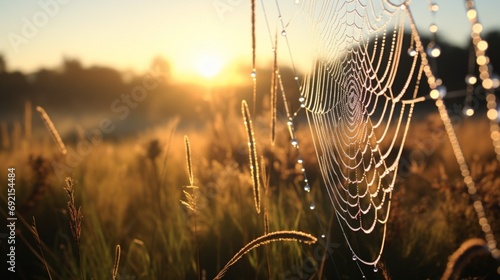 Glistening dewdrops on a spider's delicate web in the early morning light amidst a dense meadow