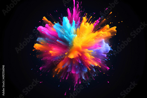 multicolored explosion of rainbow holi powdered paint over black background. Happy Holi card design for color festival of India celebration greetings