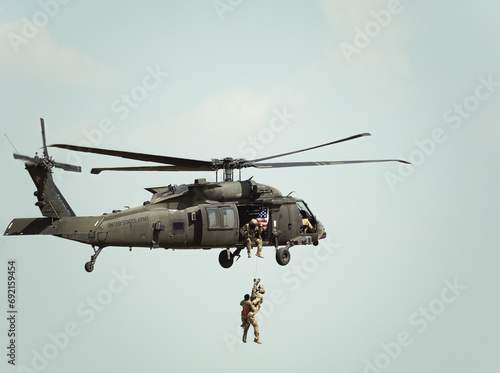 United States military helicopter. Combat US air force. Rescue mission exercise.