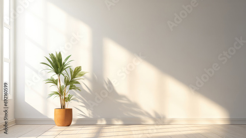 Interior with sun rays coming through the windows and a flower pot with copy space