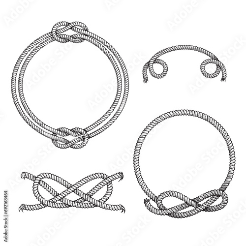 Nautical rope frames and elements set. Hand drawn sketch style illustrations collection. Isolated on white background.