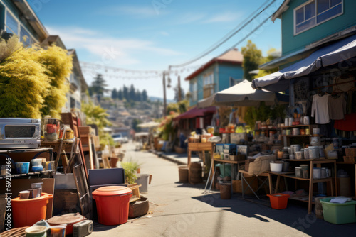 A neighborhood swap meet, where residents exchange items to reduce waste and promote community bonding. Concept of sustainable consumption. Generative Ai.