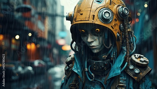 Female rascal robot in yellow hood walking trough futuristic city in the rain.