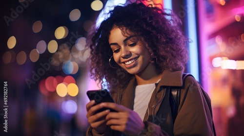 Beautiful And Smiling Young Woman Using Smartphone on the Night City Street Full of Neon Light. Generative AI