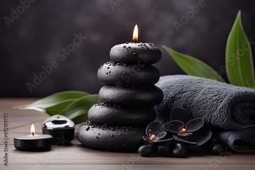 Spa stones with towels and candles on wooden background