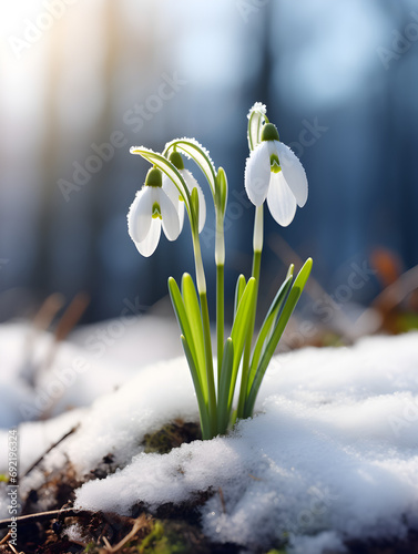 Close up of spring snowdrop flower growing in the snow, blurry light background 