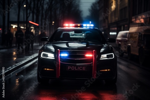 An atmospheric scene capturing the vigilant presence of a police car on night patrol in the city. The flashing lights and urban backdrop create a sense of security and order. Generative ai